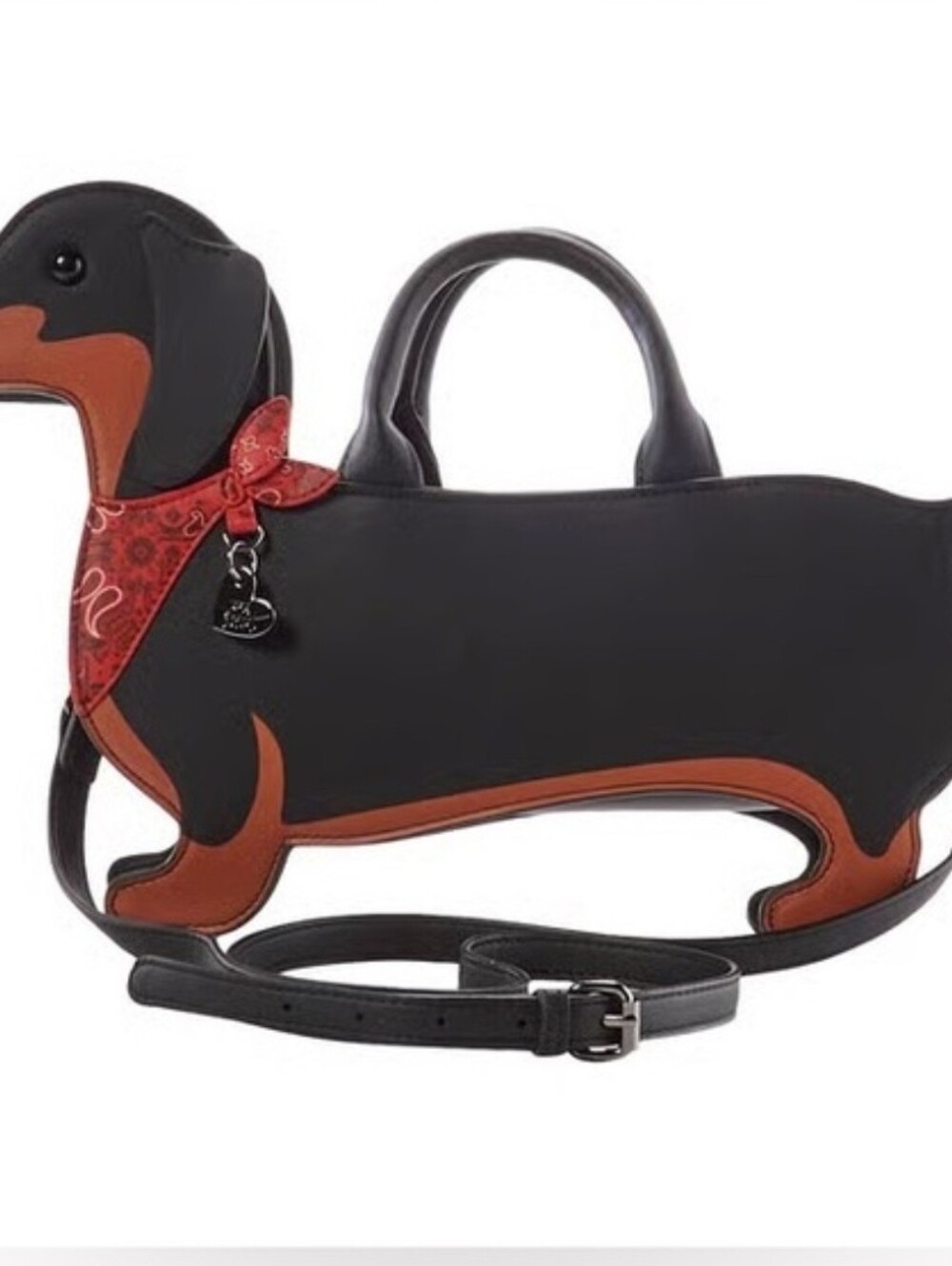Betsey Johnson Dachshund Dog Satchel Zip Top Handle Handbag Crossbody Black Brow